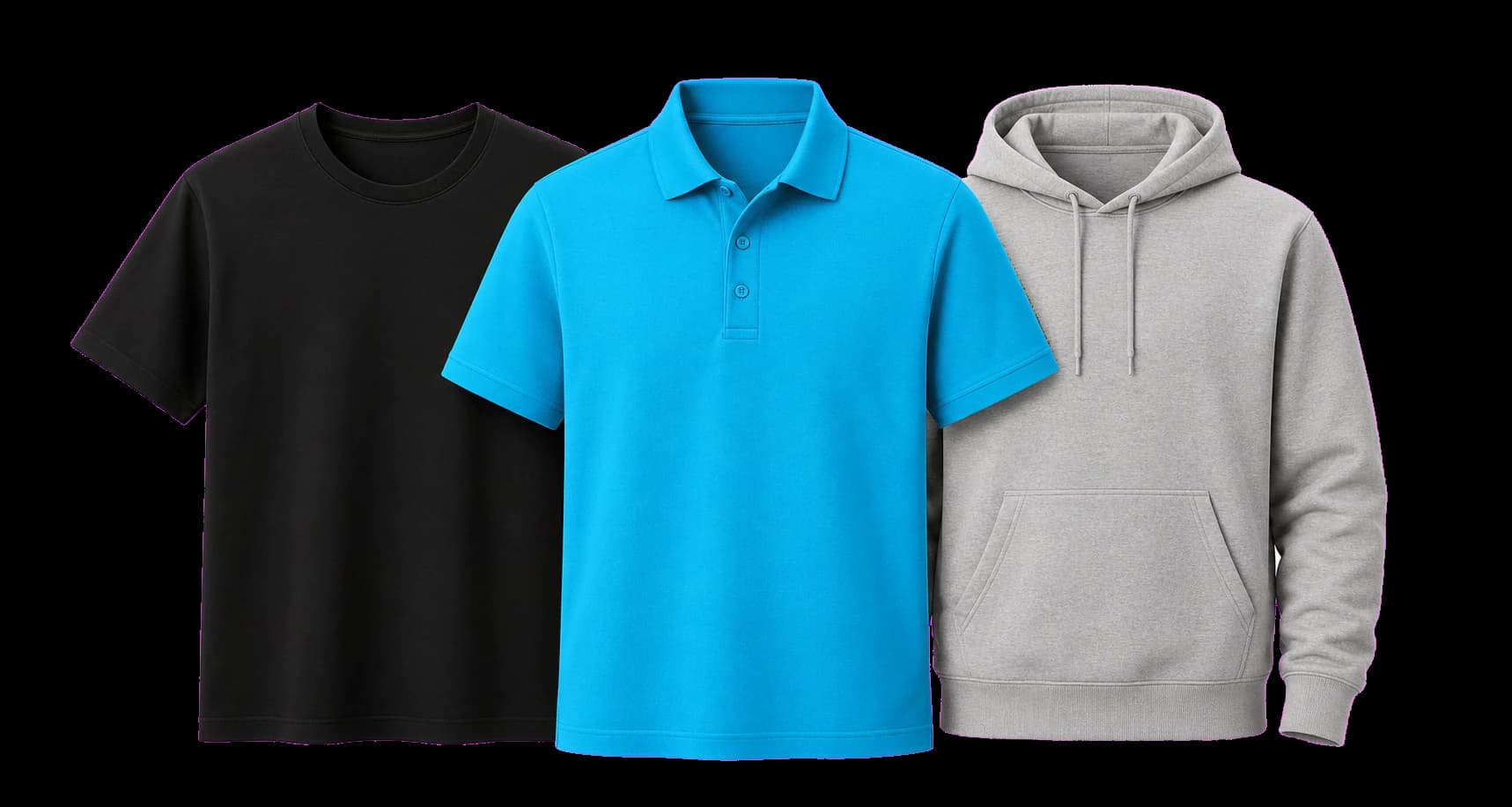 Camiseta preta, polo ciano e moletom cinza sem estampas